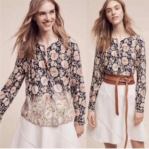 Maeve Anthropologie Women’s XS Navy Floral Ombre Button Front Blouse Long Sleeve